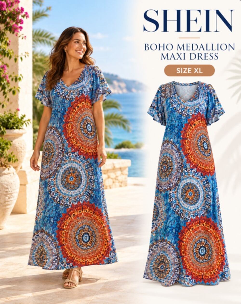 SHEIN Womens XL Blue Orange Boho Medallion Print Maxi Dress Flutter Sleeve V Nck
